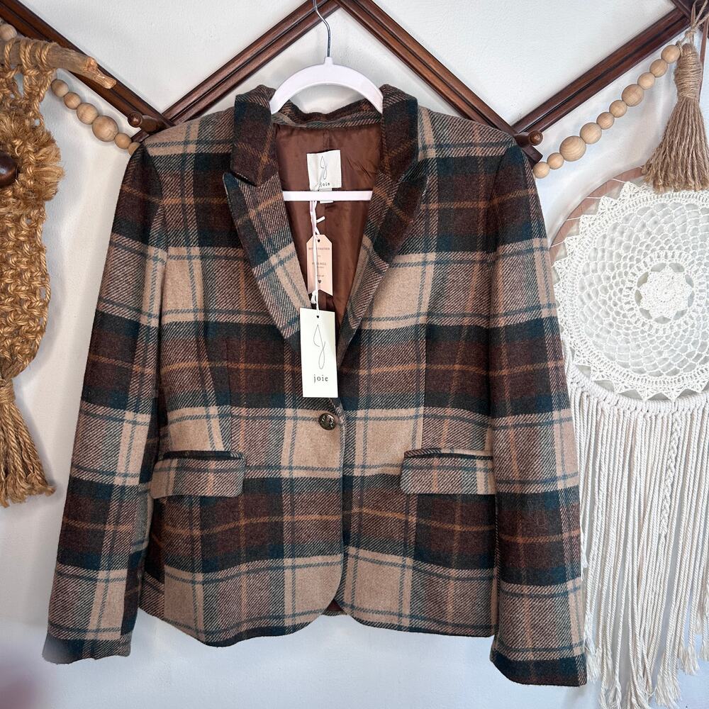 NEW Joie Brown Tan Plaid Tailored Wool Blend Blazer